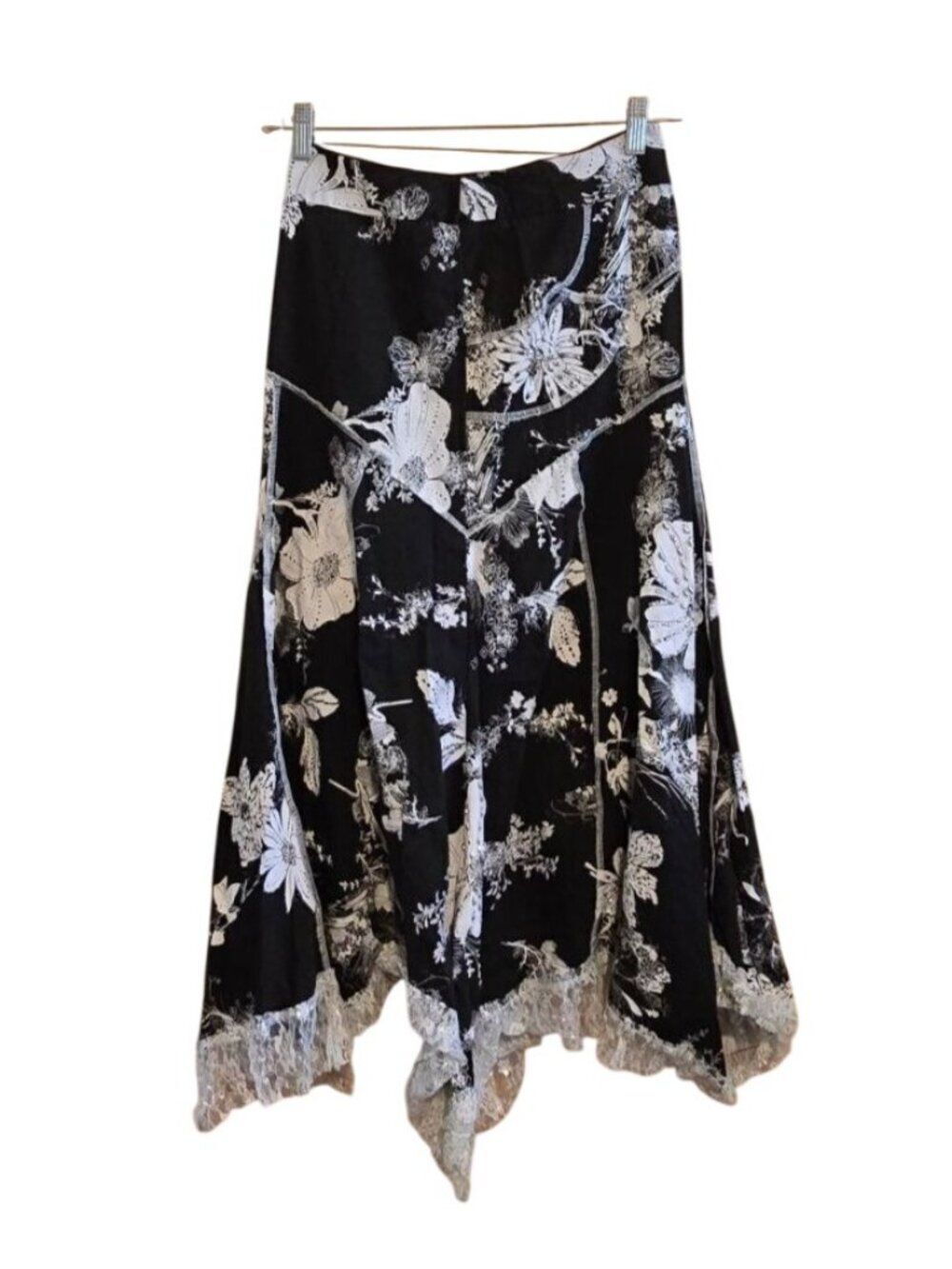 Black & White Floral Midi Skirt With Lace Trim